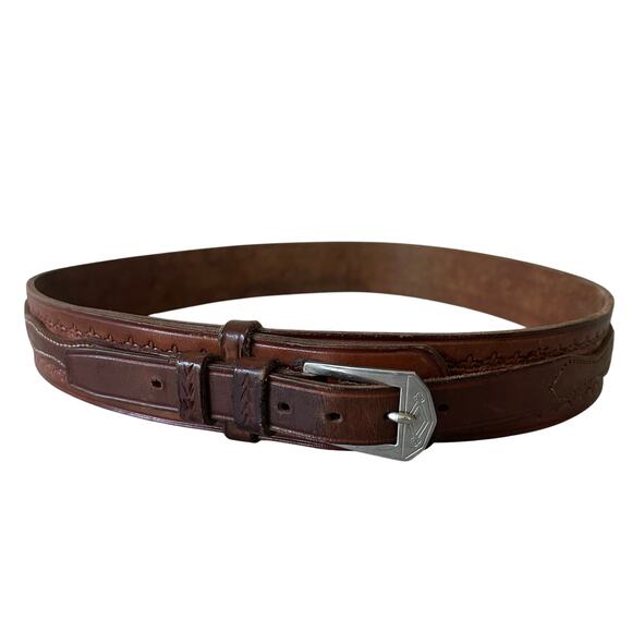 Vintage leather Ranger belt with belt buckle tooled embossed western cowboy 32 - Picture 1 of 14